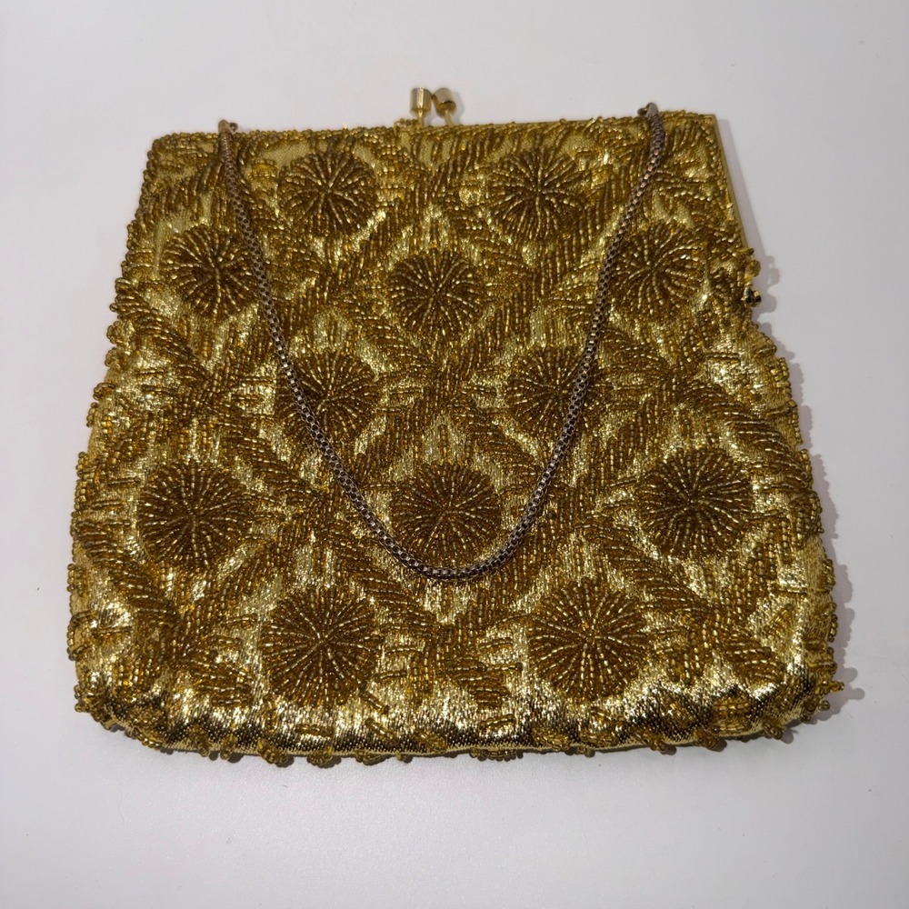 Vintage 1950-1960s Gold Beaded Floral Evening Bag Clutch Glam Regency Core